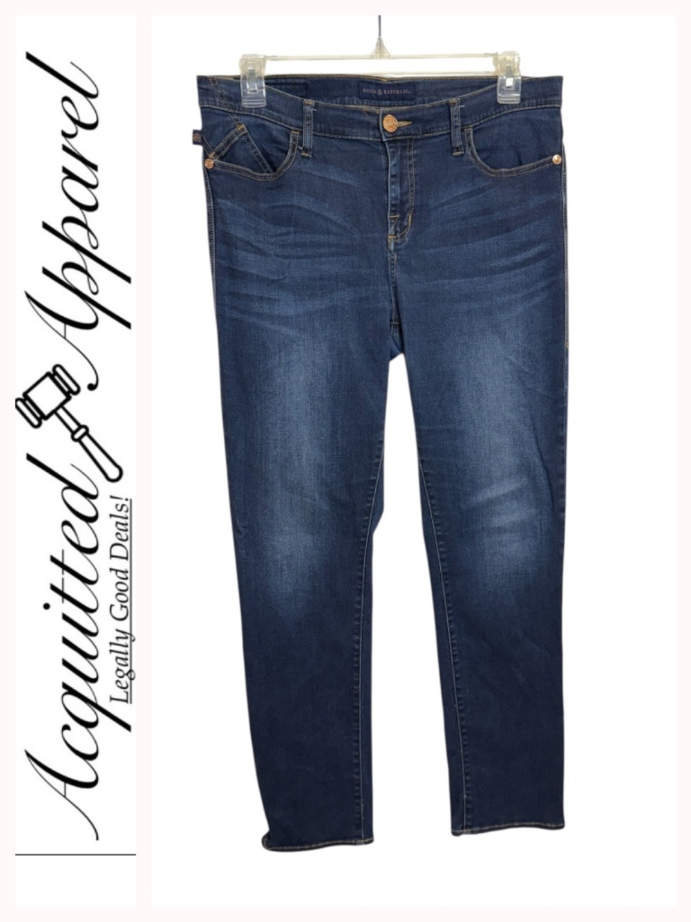 Rock & Republic Berlin Skinny Jeans Studded Pockets Dark Blue Wash